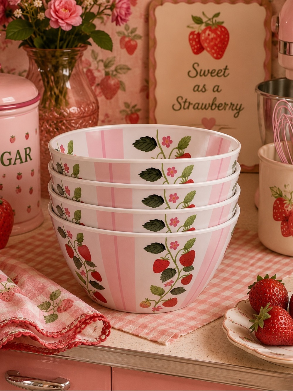 Harvest Green Studios Strawberry Bamboo Bowls – Set of 4, 6” Pink Shabby Chic